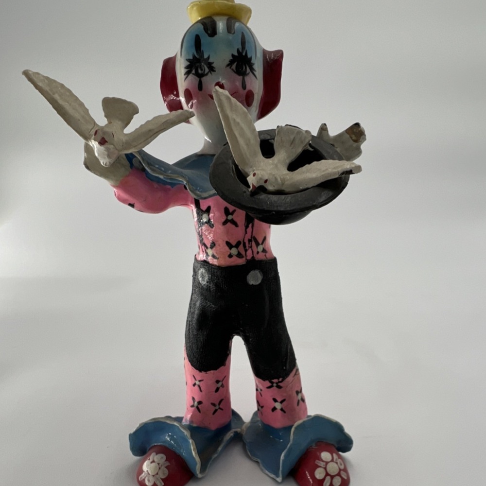 Clown with Doves Figurine Hand Painted Ceramic Retro Multicolor Medium Abstract